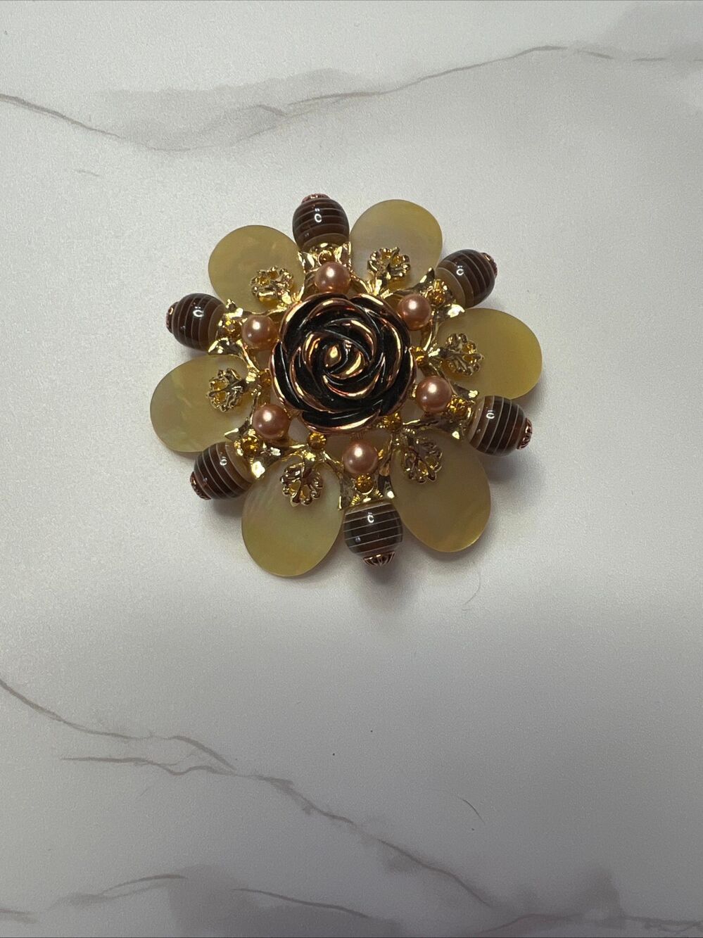 Vintage Floral Rose Brooch Gold Tone Brown Beige Beaded